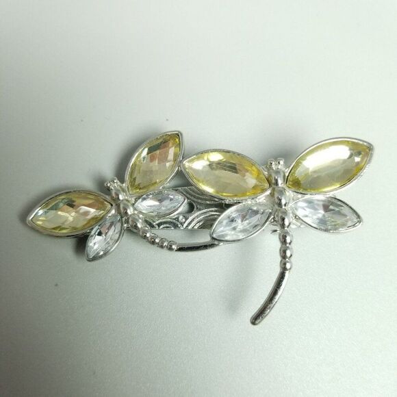 Vintage Rhinestone Dragonfly Pair Hair Clip, Silver Tone and Yellow, Estate - Picture 4 of 6